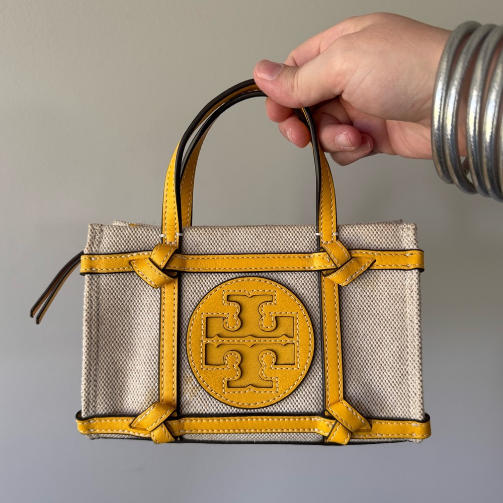 🌟HP🌟 Tory Burch Ella Canvas Quadrant Knot Yellow and Cream Micro Mini Tote Bag